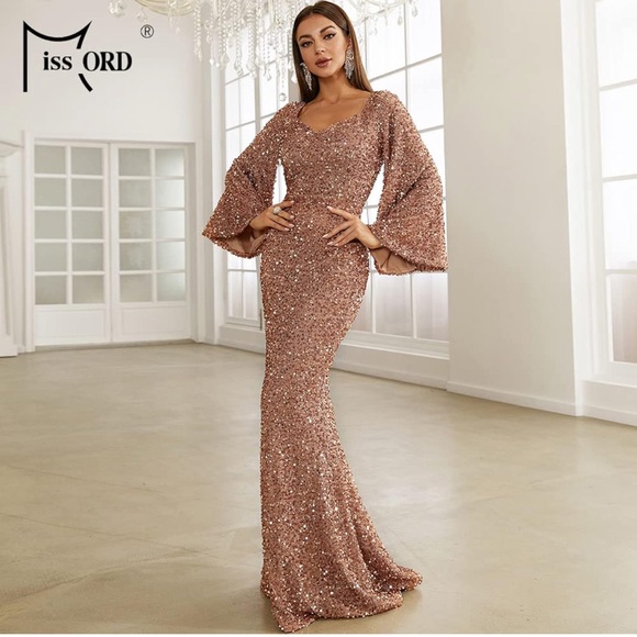 Mermaid Long Sleeve Asymmetrical Sequin Long Evening Dresses with Drape